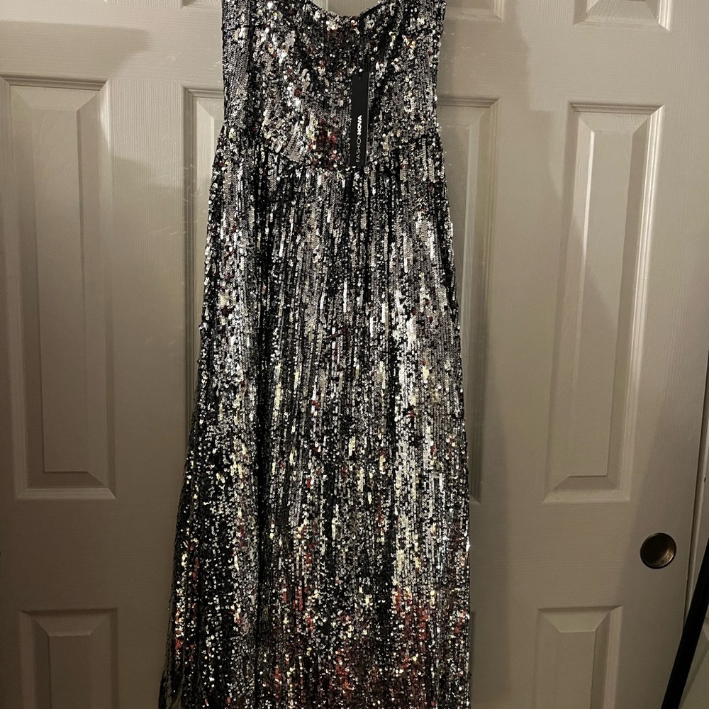 Fashion Nova Silver Sequin Midi Dress